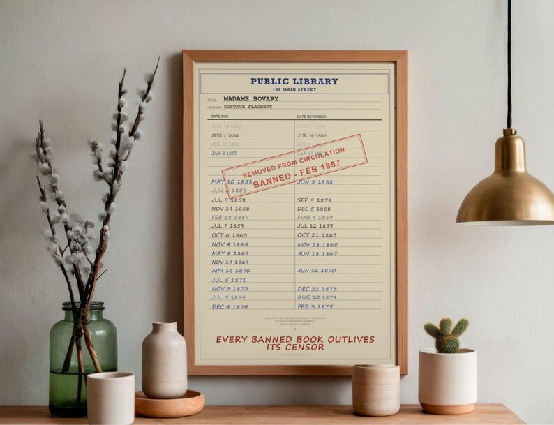 Madame Bovary Banned Book Digital Poster | Gustave Flaubert Library Card Print | French Literature Art image 4