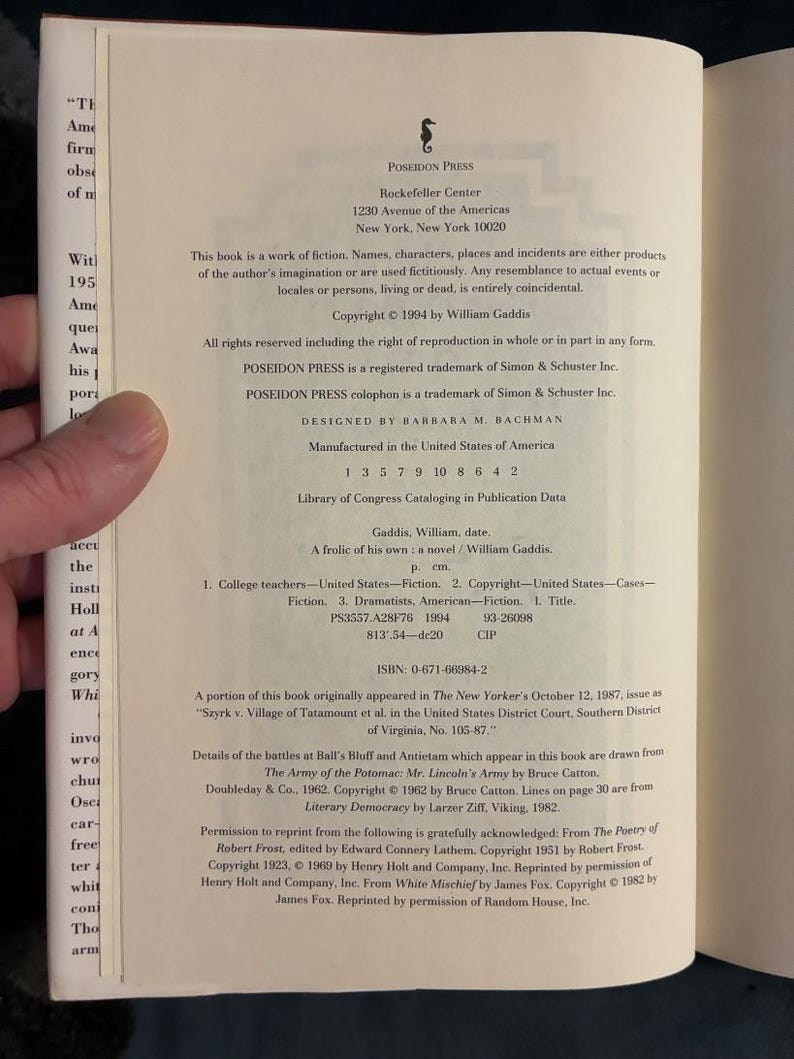 Una aventura propia de William Gaddis, 1994. Primera edición, primera impresión. Casi perfecto/Casi perfecto. imagen 3