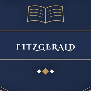 May include: A dark blue rectangular graphic featuring a gold outline of an open book at the top. The word FITZGERALD is printed in white capital letters in the center. Below the text are three small diamond shapes, with the center one in gold.