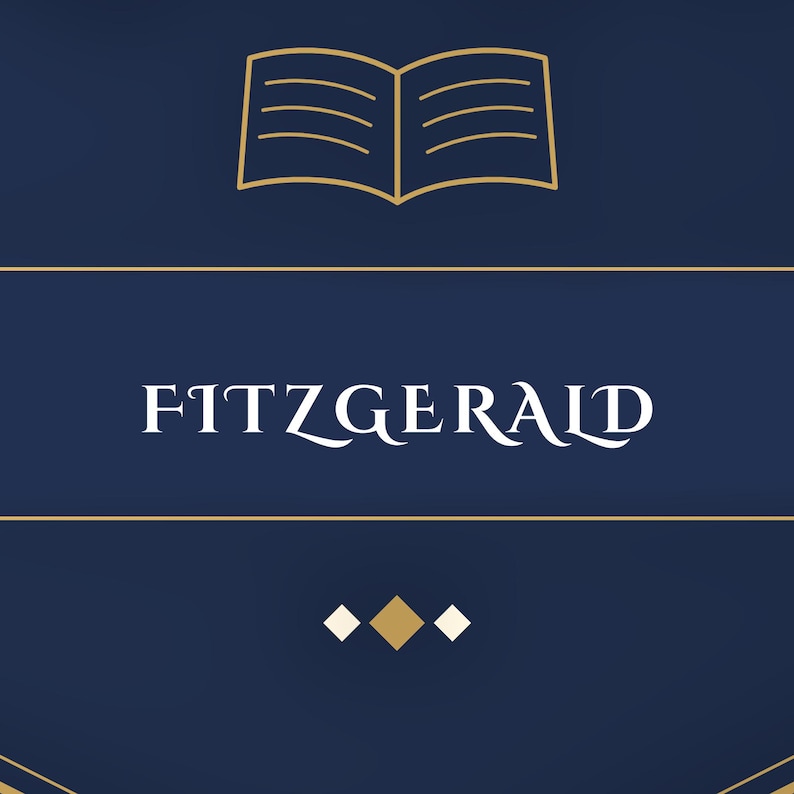 May include: A dark blue rectangular graphic featuring a gold outline of an open book at the top. The word FITZGERALD is printed in white capital letters in the center. Below the text are three small diamond shapes, with the center one in gold.
