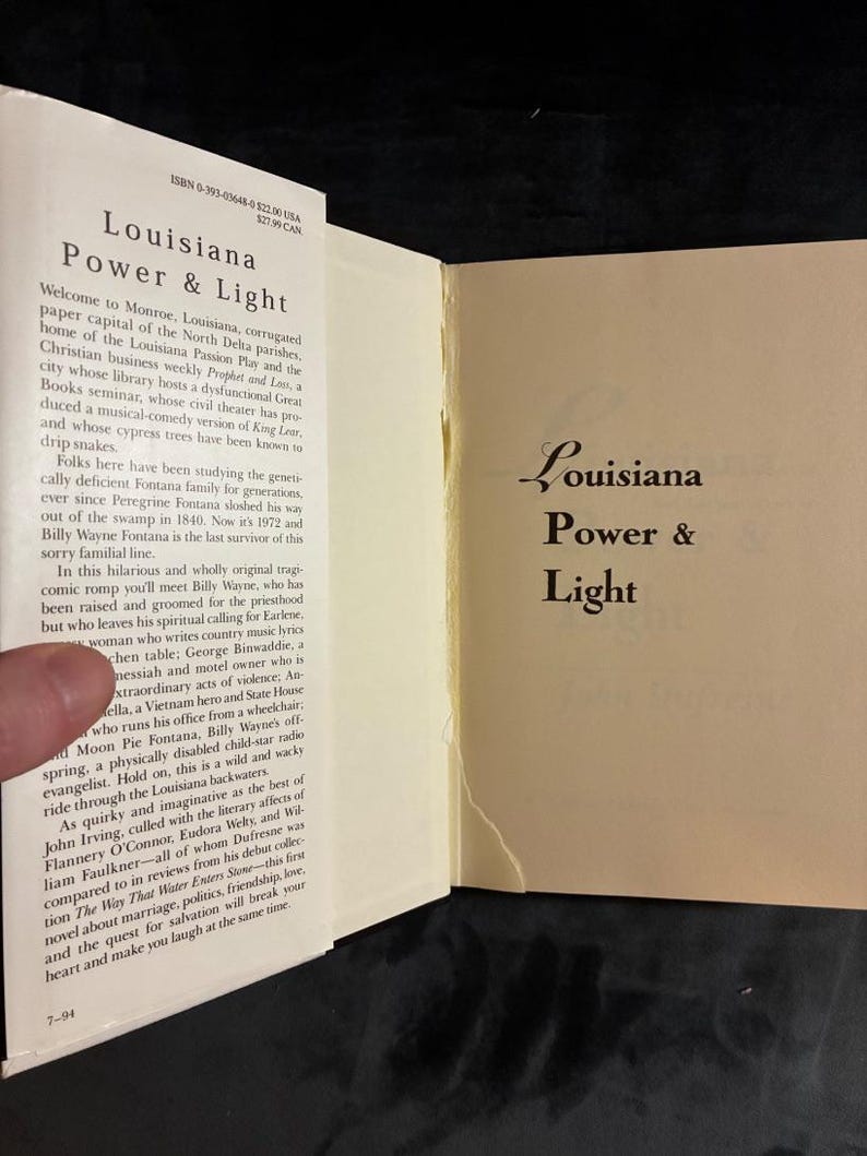 Louisiana Power & Light de John Dufresne, 1994, Primera edición, primera impresión, Casi perfecto/Muy buen estado, Tapa dura imagen 2