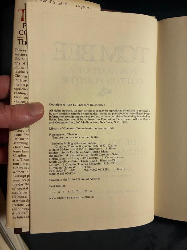 Tombee: Portrait of a Cotton Planter by Theodore Rosengarten 1986 First Edition First Printing Near Fine/Very Good Hardcover image 3