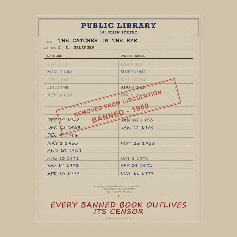 The Catcher in the Rye Banned Book Art | John Salinger Library Card Print (Digital Download) image 5