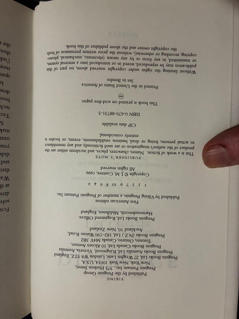 Disgrace by J. M. Coetzee 1999 First Edition First Printing Near Fine/Near Fine Hardcover image 5