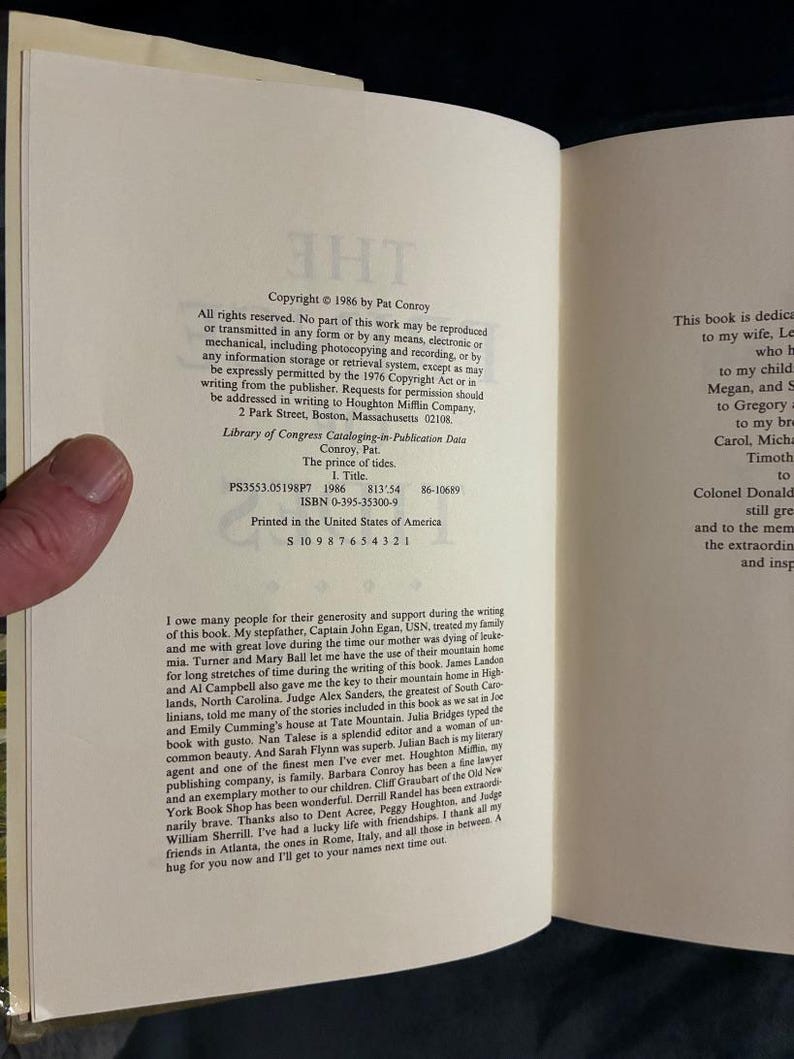 The Prince of Tides by Pat Conroy 1986 First Edition First Printing Near Fine/Very Good image 3