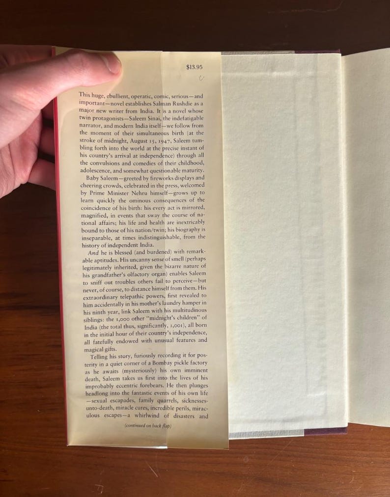Mitternachtskinder von Salman Rushdie, 1. US-Ausgabe, 1. Druck – Mylar-Hülle mit Sammelkarten Bild 5