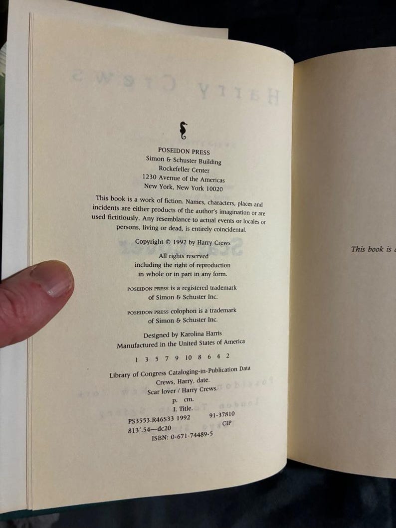 Scar Lover by Harry Crews 1992 First Edition First Printing Near Fine/Near Fine Hardcover image 4