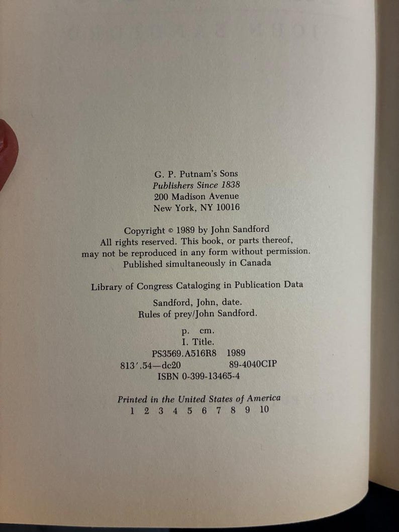 Reglas de la presa de John Sandford, 1989, primera edición, primera impresión, tapa dura, excelente estado. imagen 3
