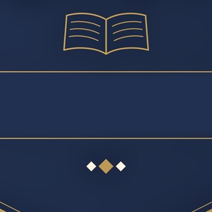 May include: A dark blue rectangular background featuring a gold-colored line drawing of an open book at the top, two horizontal gold lines spanning the width, and a central decorative element consisting of three small diamond shapes in gold.