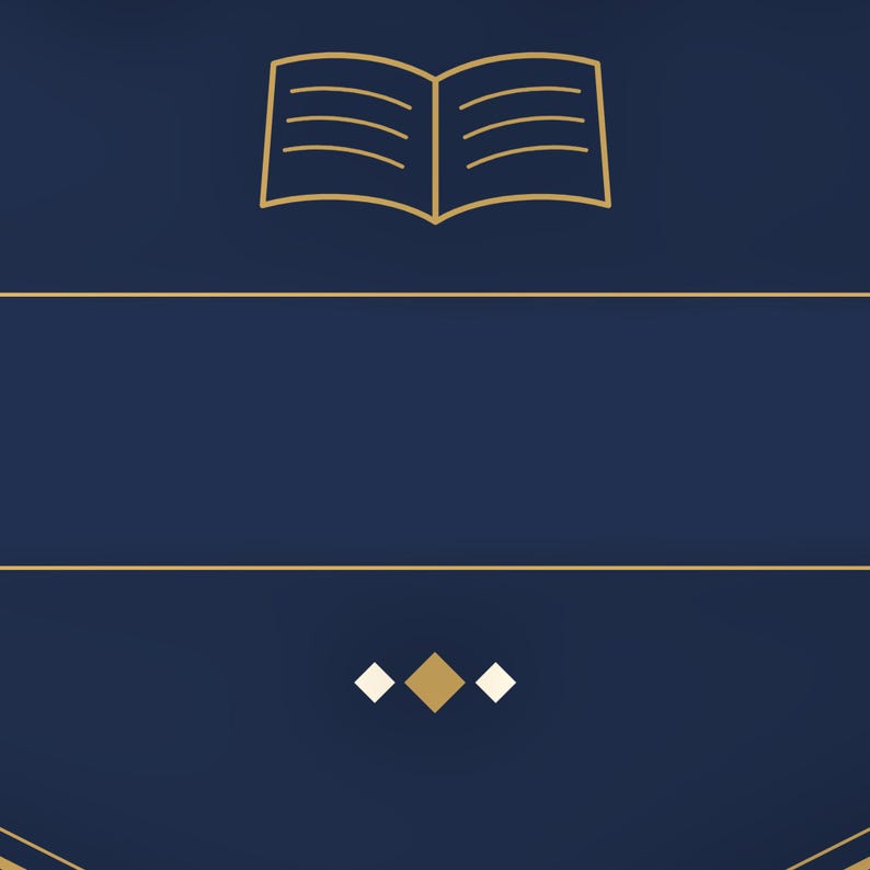 May include: A dark blue rectangular background featuring a gold-colored line drawing of an open book at the top, two horizontal gold lines spanning the width, and a central decorative element consisting of three small diamond shapes in gold.