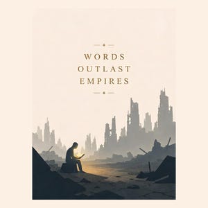 May include: A digital illustration featuring a silhouette of a person sitting and reading a glowing book amidst a landscape of ruined, jagged city structures. The text 'WORDS OUTLAST EMPIRES' is centered in gold lettering above the scene.