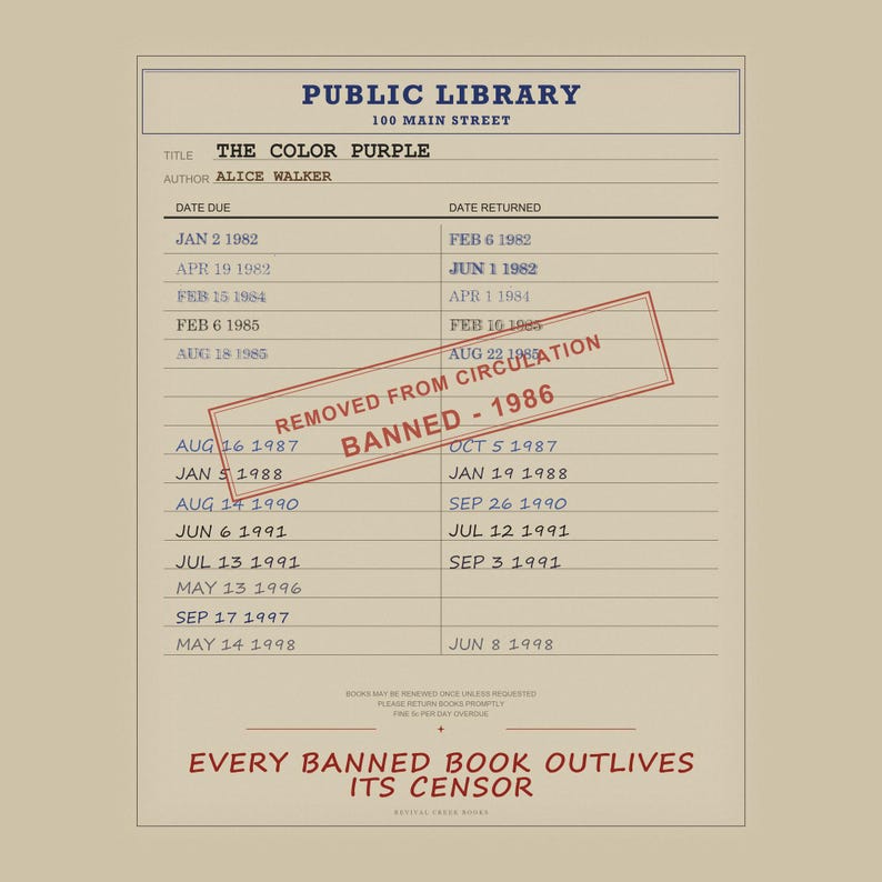 The Color Purple Banned Book Library Card Print | Alice Walker Literature Wall Art (Digital Download) image 5