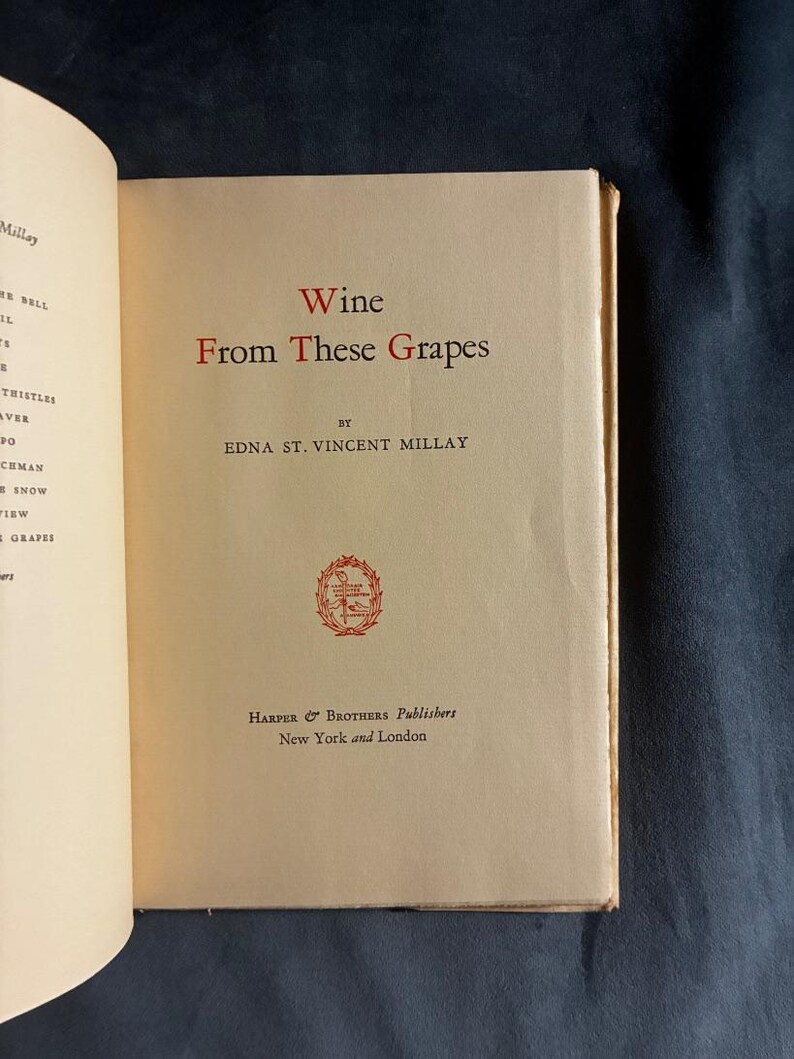 Vino de estas uvas por Edna St. Vincent Millay 1934 Primera edición Muy buen estado/Muy buen estado imagen 3