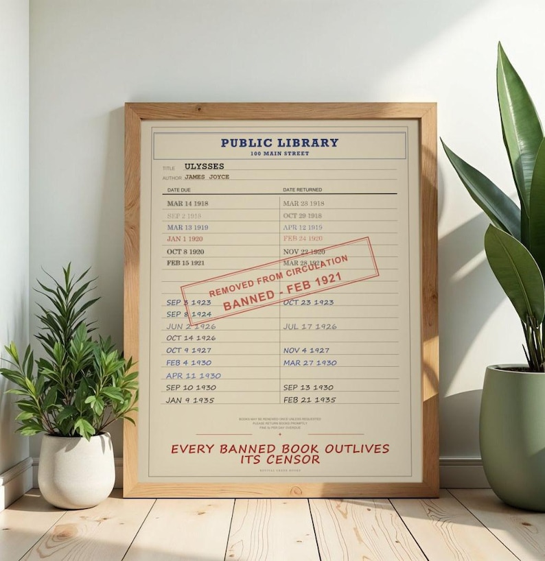 Ulysses Banned Book Digital Poster | James Joyce Library Card Print | Irish Literature Print image 1