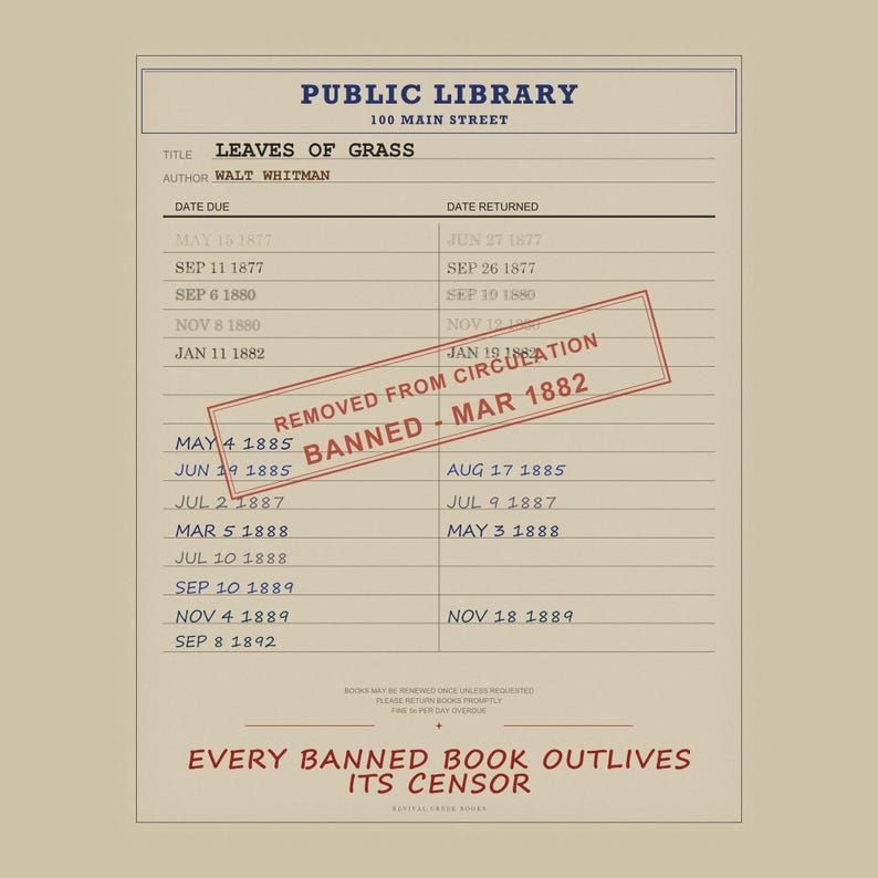 Leaves of Grass Banned Book Poster | Walt Whitman Library Card Print | American Poetry Print image 5