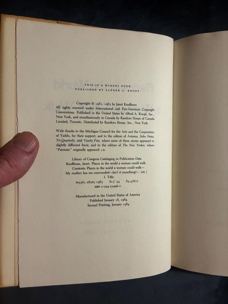 Orte auf der Welt, die eine Frau begehen könnte von Janet Kauffman, 1984, Erste Auflage, Zweiter Druck, Nahezu neuwertig/Sehr gut, Hardcover. Bild 4