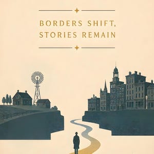 May include: A poster featuring the text BORDERS SHIFT, STORIES REMAIN. A lone figure in a coat and hat stands on a winding yellow path between two cliffs. On the left, a rural landscape with a windmill and house. On the right, a city skyline.