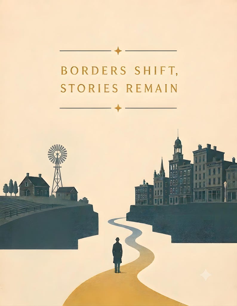 May include: A poster featuring the text BORDERS SHIFT, STORIES REMAIN. A lone figure in a coat and hat stands on a winding yellow path between two cliffs. On the left, a rural landscape with a windmill and house. On the right, a city skyline.