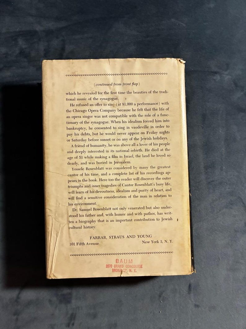 Yossele Rosenblatt Biography: First Edition 1954 Hardcover (Very Good/Good) image 5