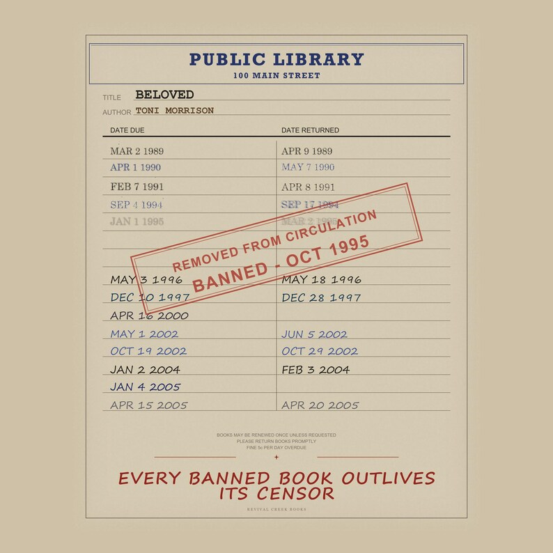 Beloved Banned Book Digital Poster | Toni Morrison Library Card Print | Pulitzer Prize Novel Art image 5