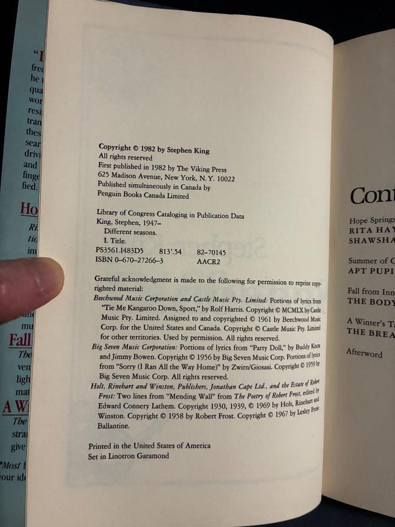 Diferentes estaciones de Stephen King, 1982, primera edición, primera impresión, tapa dura, estado casi perfecto/muy bueno. imagen 4