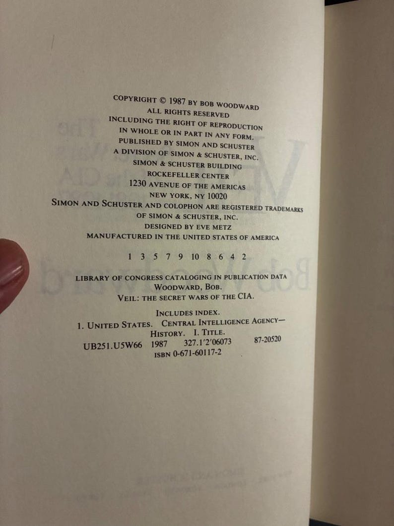 VELO: Las guerras secretas de la CIA 1981-1987 por Bob Woodward 1987 Primera edición Primera impresión Muy buen estado/Buen estado imagen 5