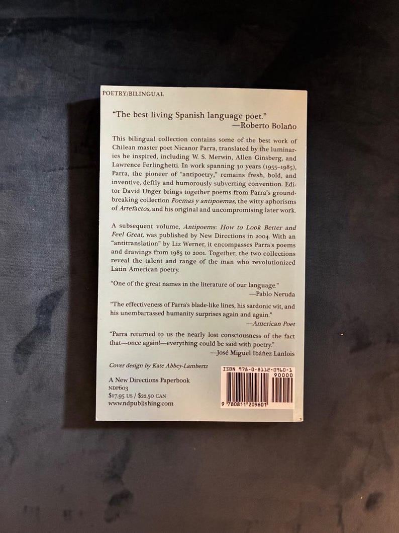 Antipoems: New and Selected by Nicanor Parra First Edition Later Printing Near Fine Paperback image 2