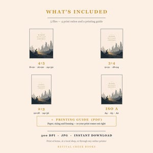 May include: A digital art print set titled WORDS OUTLAST EMPIRES featuring a silhouette of a person reading amidst ruins. Includes 5 files with 4:5, 3:4, 2:3, and ISO A ratios, plus a printing guide. Dimensions listed in inches for various print sizes.