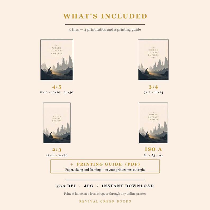 May include: A digital art print set titled WORDS OUTLAST EMPIRES featuring a silhouette of a person reading amidst ruins. Includes 5 files with 4:5, 3:4, 2:3, and ISO A ratios, plus a printing guide. Dimensions listed in inches for various print sizes.