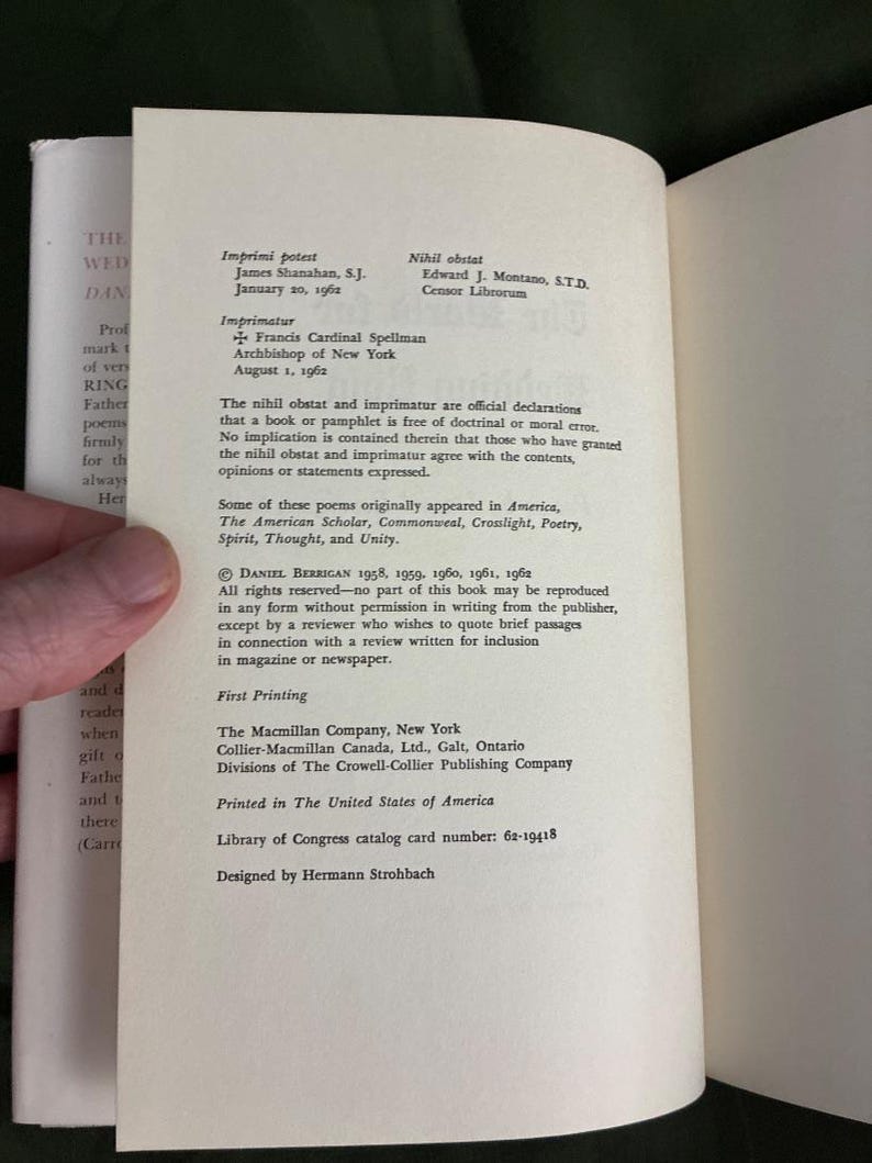 Signed First Edition The World for Wedding Ring by Daniel Berrigan Hardcover Poems image 2