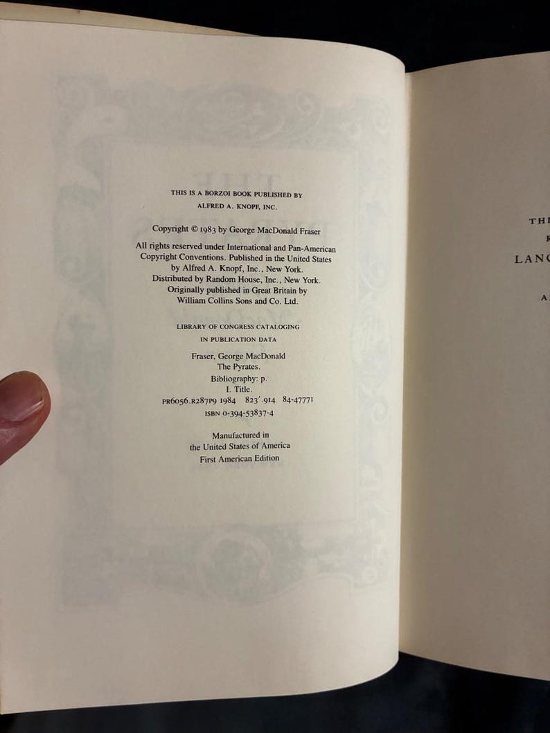 Los Piratas de George MacDonald Fraser, 1984, Primera Edición, Primera Impresión, Casi Perfecto/Muy Buen Estado, Tapa Dura imagen 3