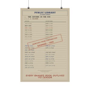 The Catcher in the Rye Banned Book Poster | J. D. Salinger Library Card Print | Coming of Age Novel Art image 5