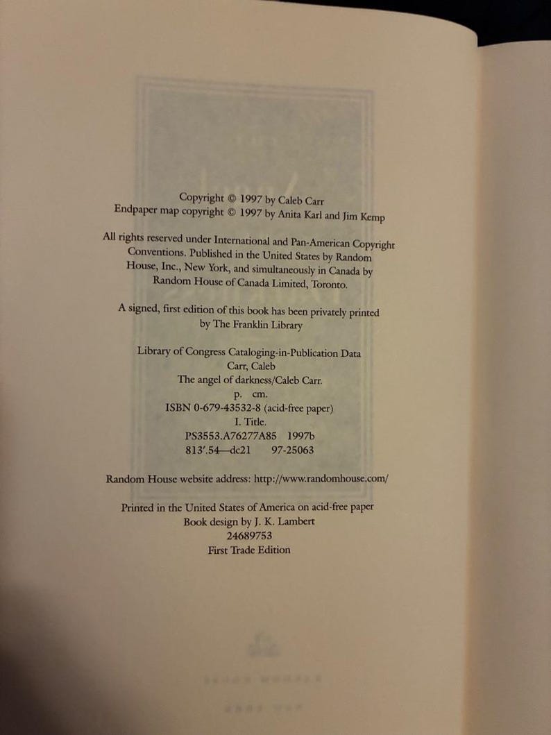 El ángel de la oscuridad de Caleb Carr. Primera edición. Primera impresión. Casi perfecto/Muy buen estado. imagen 6