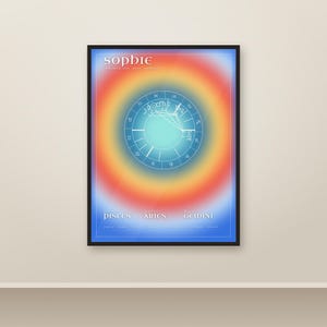 Op de afbeelding: Een ingelijste rechthoekige poster met een levendige gradiëntachtergrond die verloopt van blauw naar oranje. In het midden staat een witte cirkelvormige astrologische kaart. De naam Sophie staat bovenaan, met Pisces, Aries en Gemini onderaan.