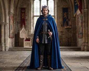 Wollen cape met capuchon, koningsblauwe, vloerlange middeleeuwse cape, LARP-kostuum voor Renaissancebeurzen, winterbruiloftscape, voor mannen en vrouwen, op maat gemaakt