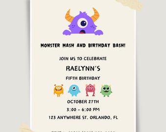 Monster Mash And Birthday Bash Birthday Invitation, Editable Canva Template (Digital Download)