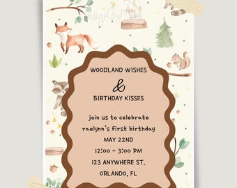 Woodland Birthday Invitation, Editable Canva Template (Digital Download)