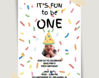 It’s Fun To Be One Birthday Invitation, Editable Canva Template (Digital Download)