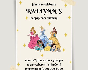 Disney Princess Birthday Invitation, Editable Canva Template (Digital Download)