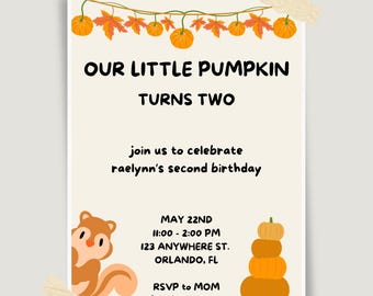 Our Little Pumpkin Birthday Invitation, Editable Canva Template (Digital Download)