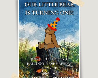 Little Bear First Birthday Invitation, Editable Canva Template (Digital Download)