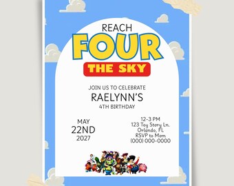 Reach Four The Sky Birthday Invitation, Editable Canva Template (Digital Download)