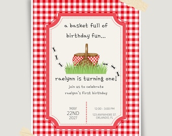 Picnic Birthday Invitation, Editable Canva Template (Digital Download)