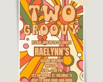 Two Groovy Birthday Invitation, Editable Canva Template (Digital Download)