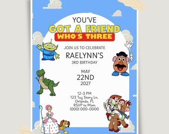 You’ve Got A Friend Who’s Three Birthday Invitation, Editable Canva Template (Digital Download)