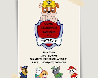 Paw Patrol Birthday Invitation, Editable Canva Template (Digital Download)