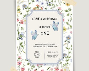 Wildflower First Birthday Invitation, Garden Theme, Editable Canva Template (Digital Download)