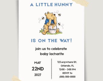 Winnie The Pooh Baby Shower Invitation, Editable Canva Template (Digital Download)