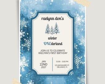 Winter ONEderland First Birthday Invitation, Editable Canva Template (Digital Download)