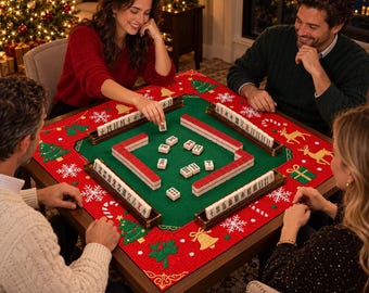 Può includere: Un tappetino quadrato per mahjong in feltro rosso con alberi di Natale verdi, campanelle dorate, fiocchi di neve bianchi e regali ricamati. Il set include tessere color avorio con simboli neri disposte su appositi supporti.
